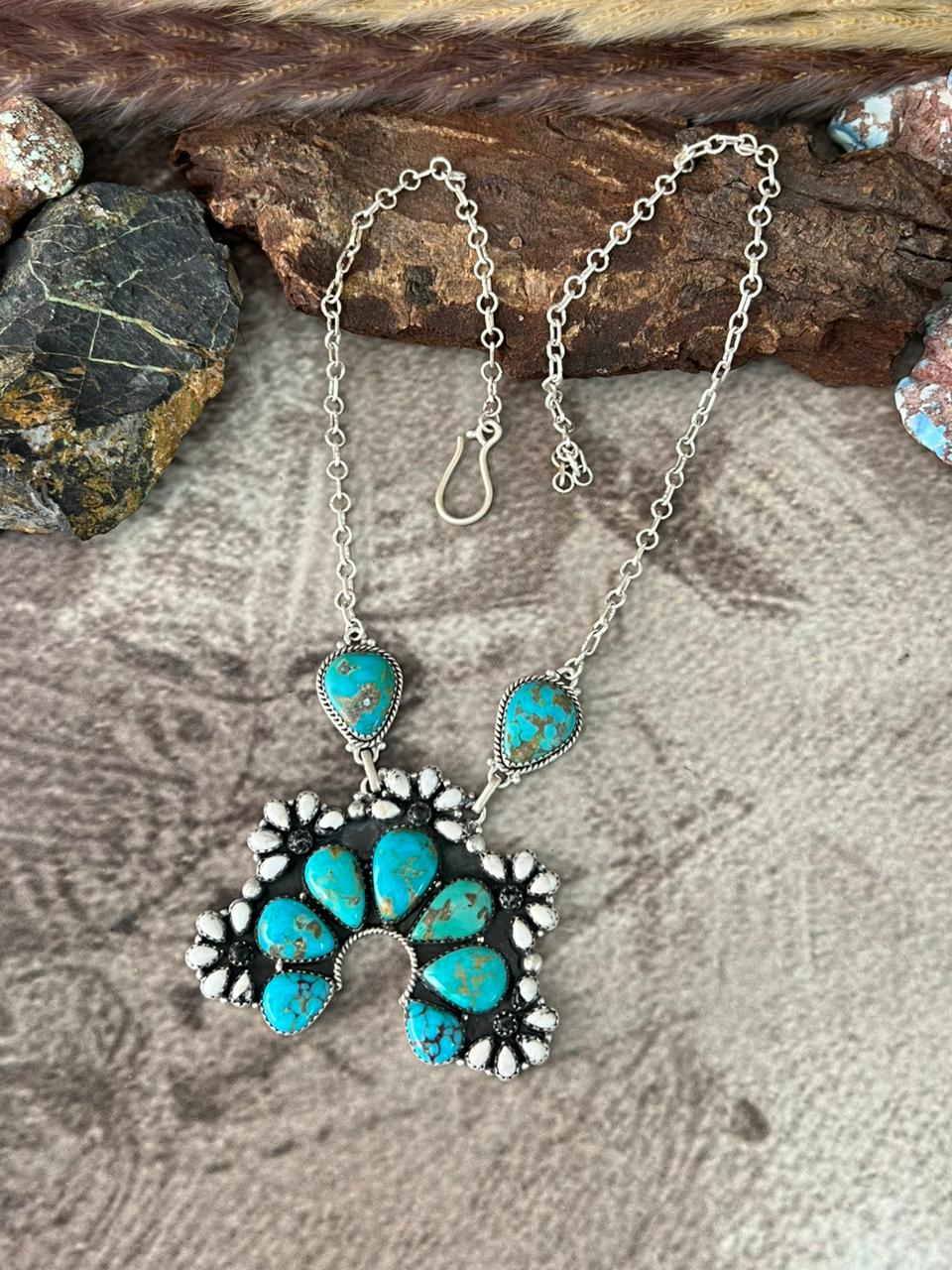 Handmade Sterling Silver Santa Maria with White Buffalo Naja Necklace "Signed Nizhoni"