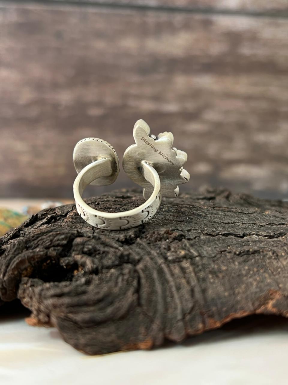 Handmade Sterling Silver Santa Maria with White Buffalo Adjustable Ring "Signed Nizhoni"