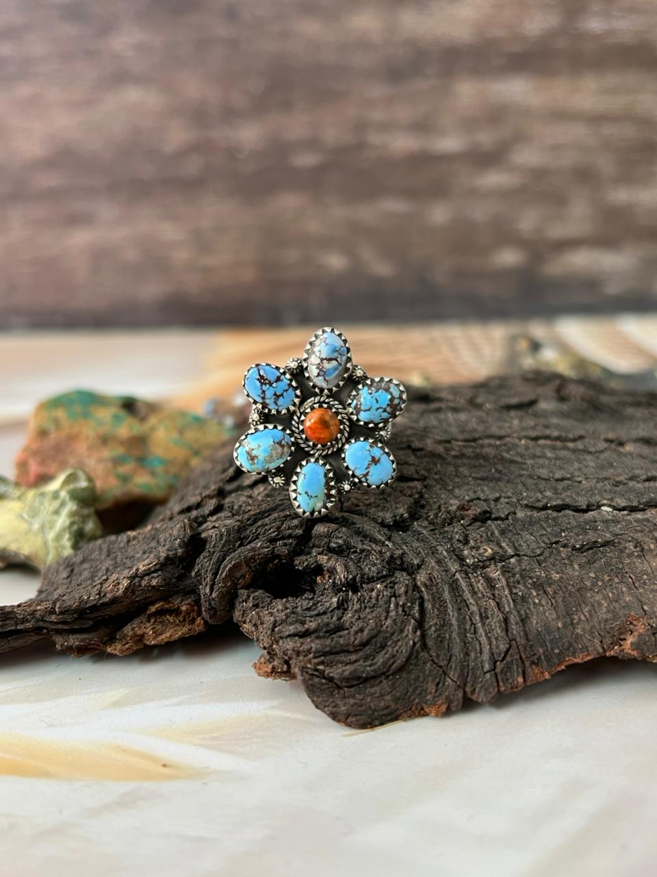 Handmade Sterling Silver Golden Hills with Orange Mojave Adjustable Ring "Signed Nizhoni"