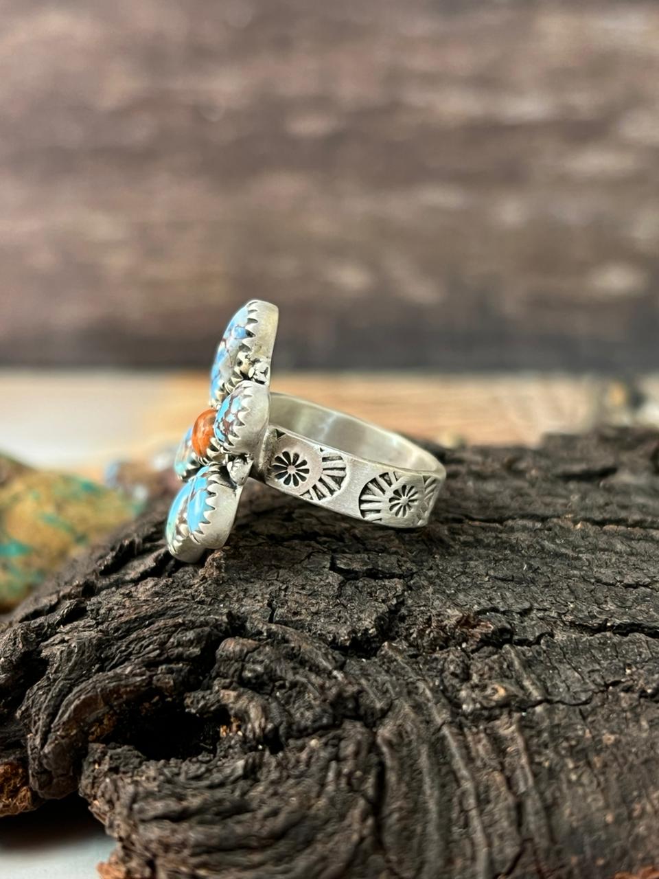 Handmade Sterling Silver Golden Hills with Orange Mojave Adjustable Ring "Signed Nizhoni"