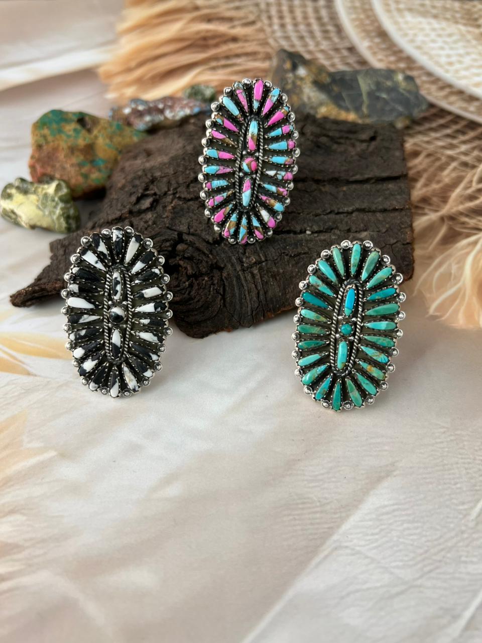 Handmade Sterling Silver Kingman, White Buffalo and Cotton Candy Adjustable Ring "Signed Nizhoni"