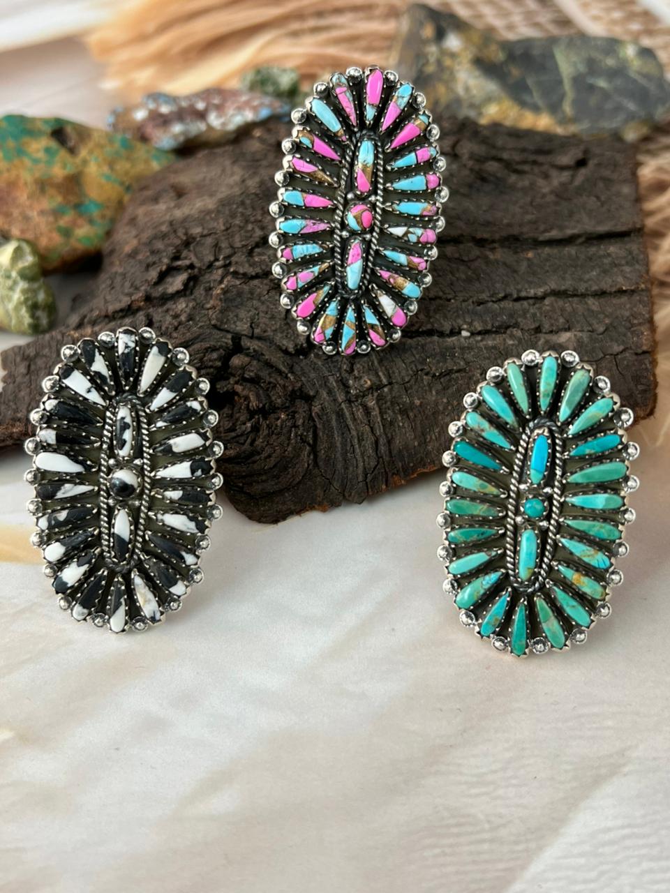 Handmade Sterling Silver Kingman, White Buffalo and Cotton Candy Adjustable Ring "Signed Nizhoni"