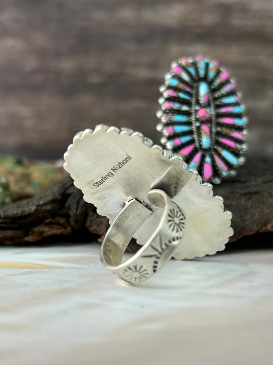 Handmade Sterling Silver Kingman, White Buffalo and Cotton Candy Adjustable Ring "Signed Nizhoni"