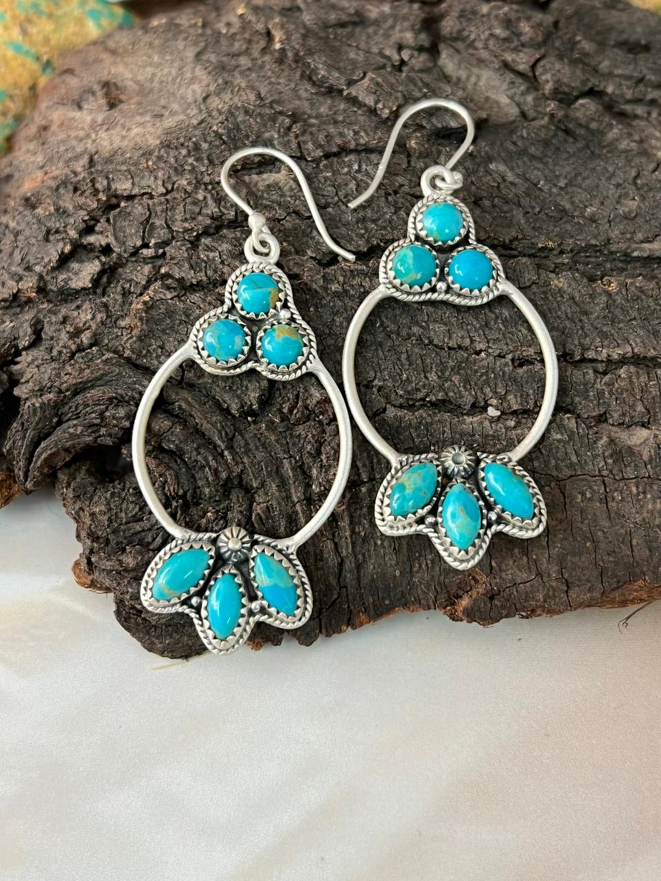 Handmade Sterling Silver Kingman Turquoise Hook Dangle Earrings "Signed Nizhoni"