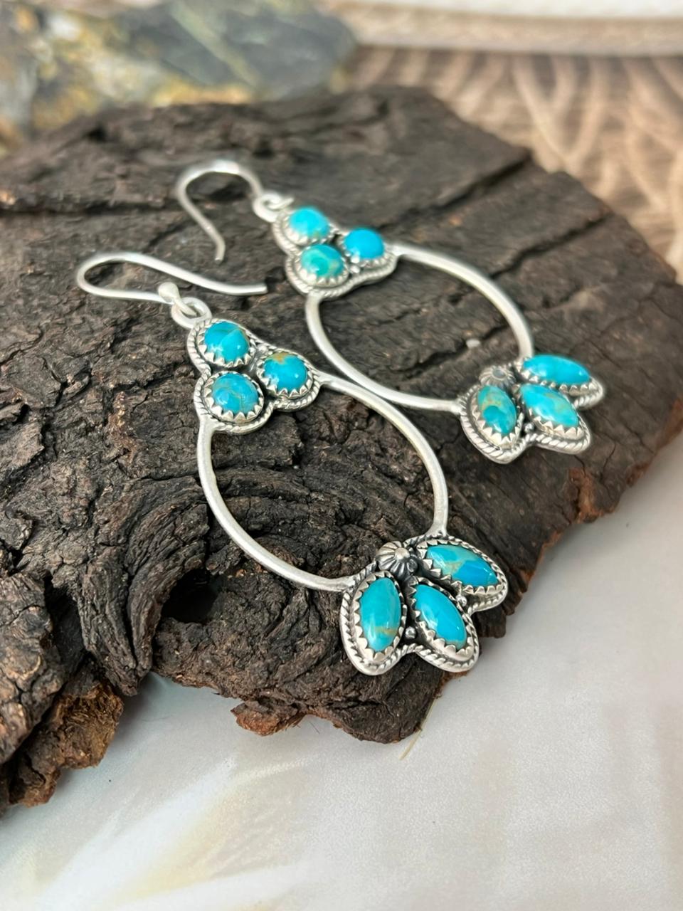 Handmade Sterling Silver Kingman Turquoise Hook Dangle Earrings "Signed Nizhoni"
