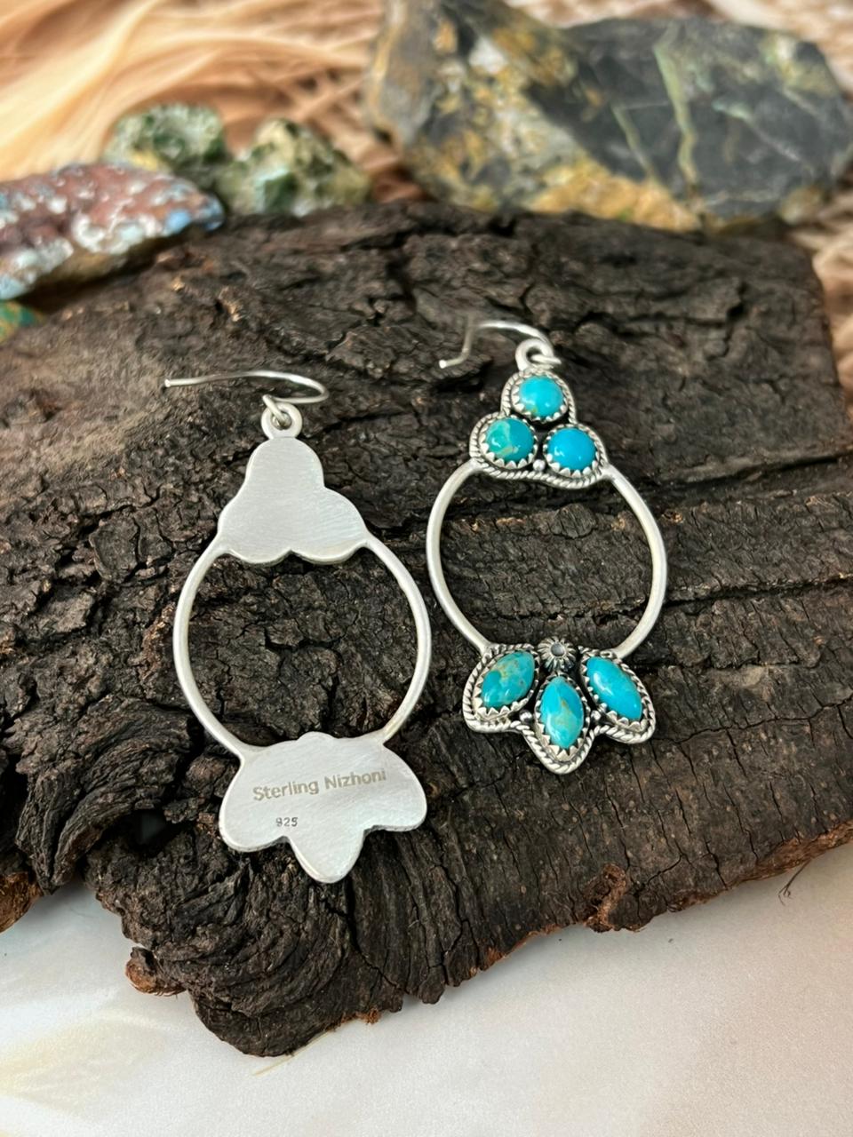 Handmade Sterling Silver Kingman Turquoise Hook Dangle Earrings "Signed Nizhoni"