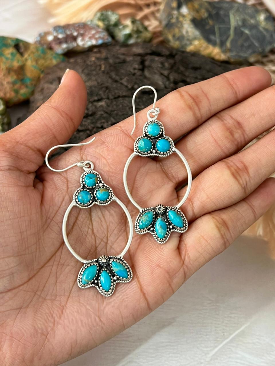 Handmade Sterling Silver Kingman Turquoise Hook Dangle Earrings "Signed Nizhoni"