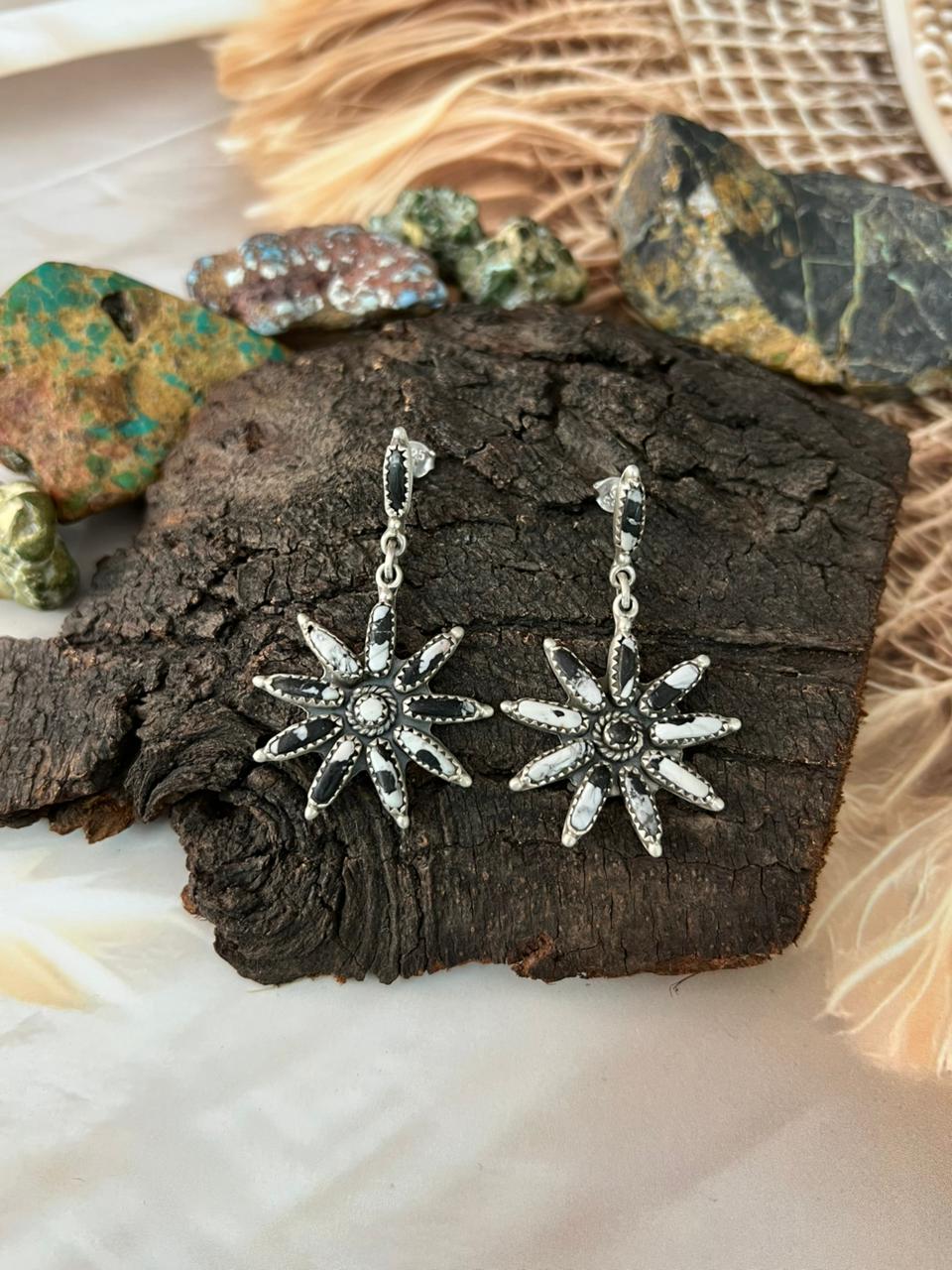Handmade Sterling Silver White Buffalo Post Dangle Earrings "Signed Nizhoni"