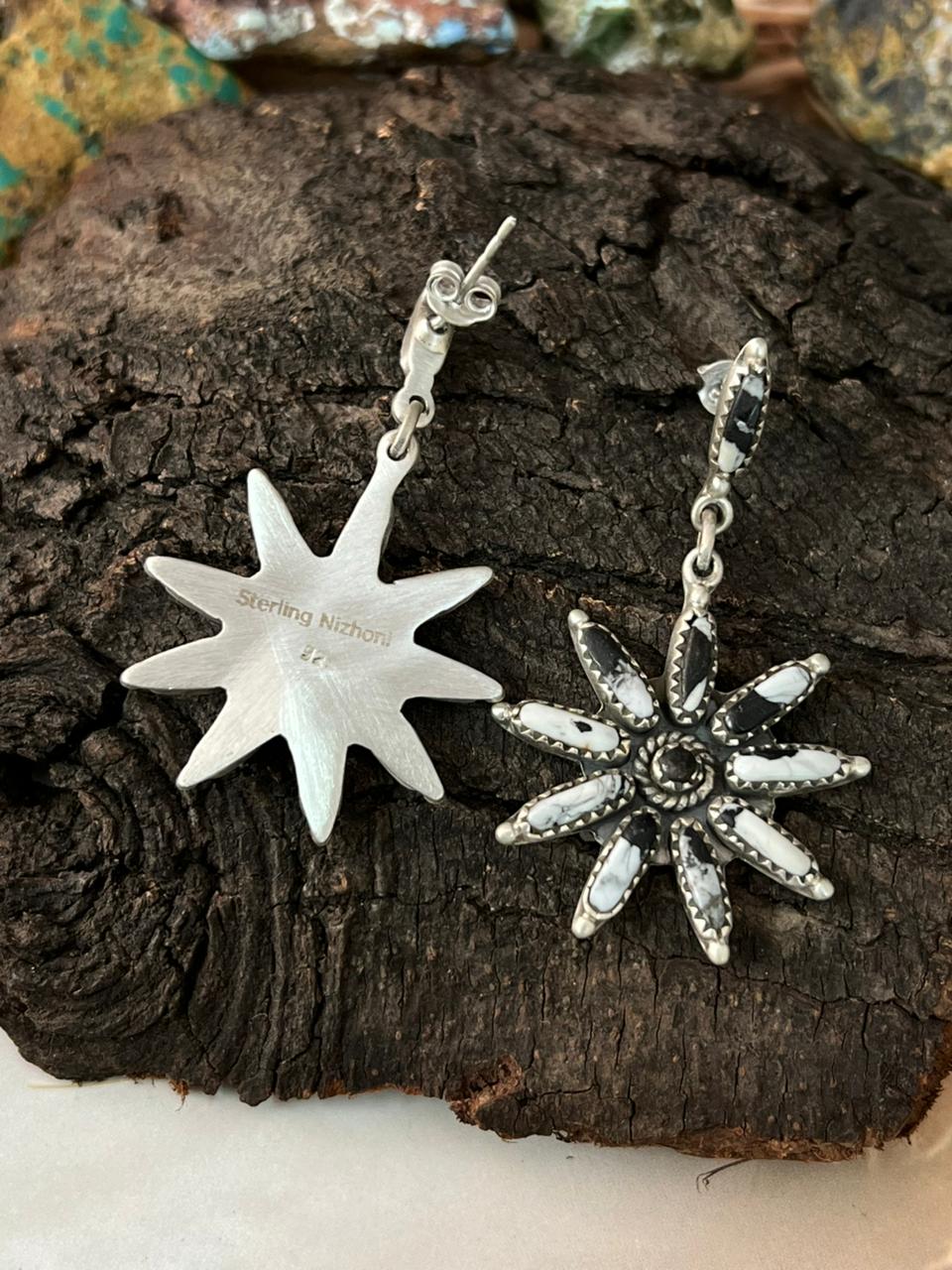 Handmade Sterling Silver White Buffalo Post Dangle Earrings "Signed Nizhoni"