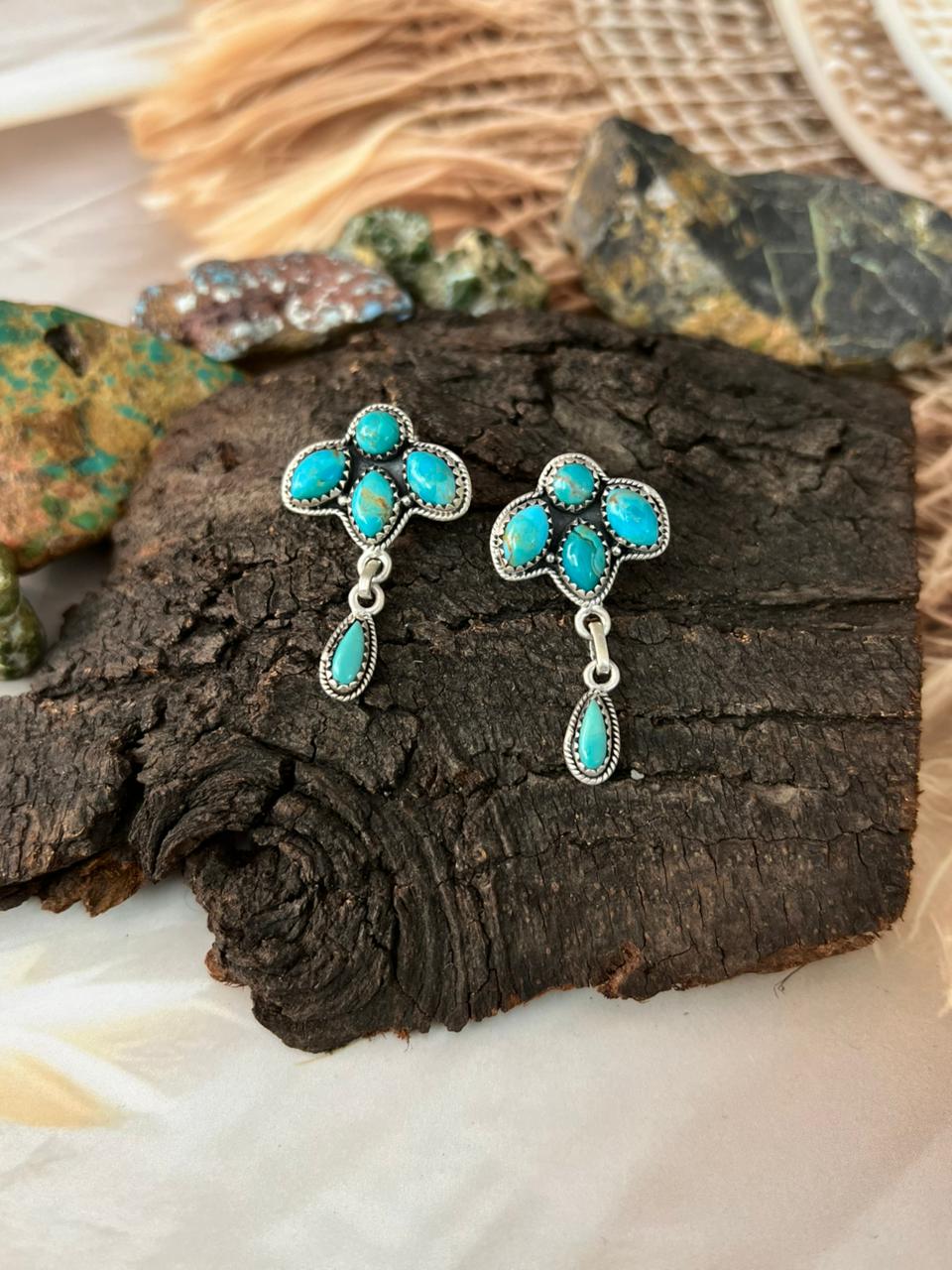 Handmade Sterling Silver Kingman Turquoise Post Dangle Earrings "Signed Nizhoni"