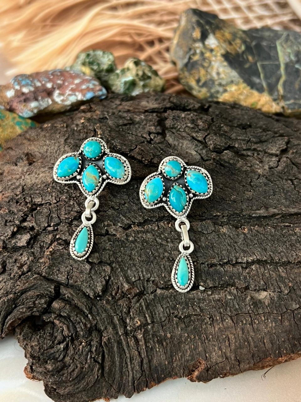 Handmade Sterling Silver Kingman Turquoise Post Dangle Earrings "Signed Nizhoni"
