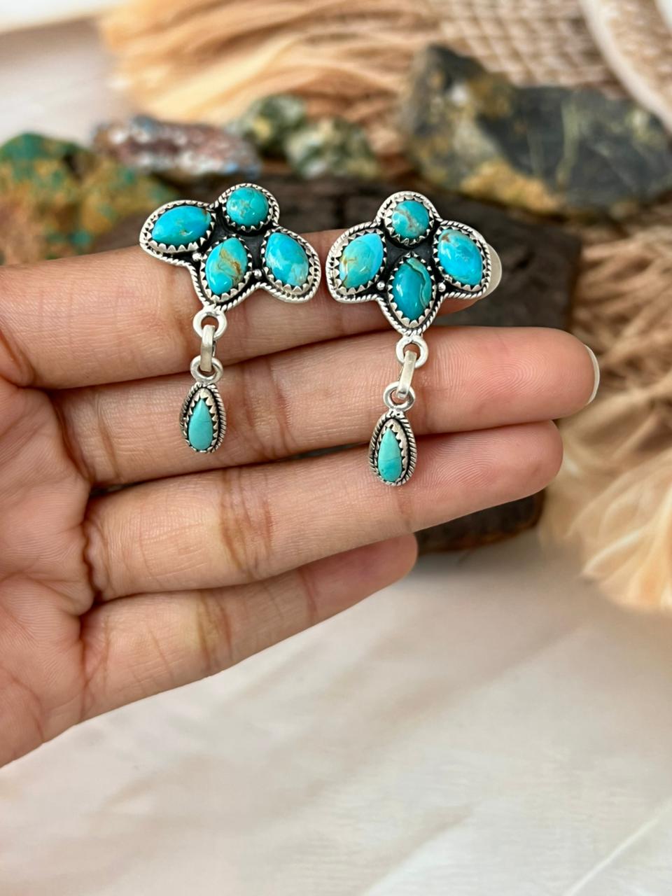 Handmade Sterling Silver Kingman Turquoise Post Dangle Earrings "Signed Nizhoni"