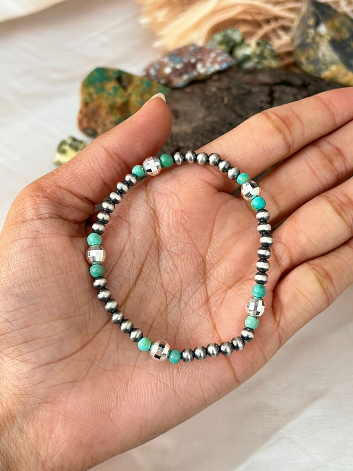 Handmade Sterling Silver Kingman Turquoise Beads Disco Ball Bracelet