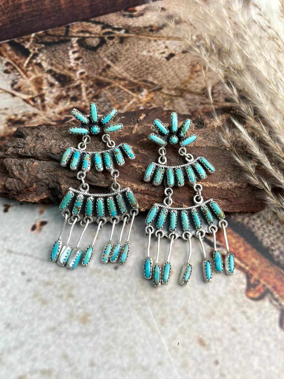 Handmade Sterling Silver Needle Collection: Kingman Turquoise Post Dangle Earrings "Signed Nizhoni"