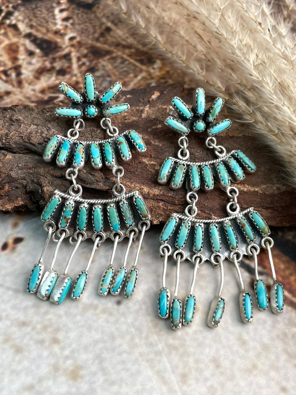 Handmade Sterling Silver Needle Collection: Kingman Turquoise Post Dangle Earrings "Signed Nizhoni"