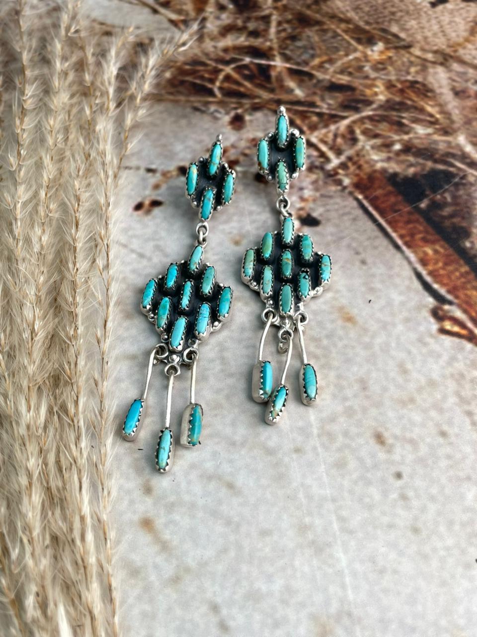 Handmade Sterling Silver Needle Collection: Kingman Turquoise Post Dangle Earrings "Signed Nizhoni"