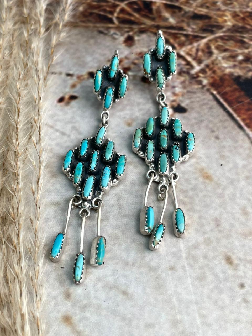 Handmade Sterling Silver Needle Collection: Kingman Turquoise Post Dangle Earrings "Signed Nizhoni"