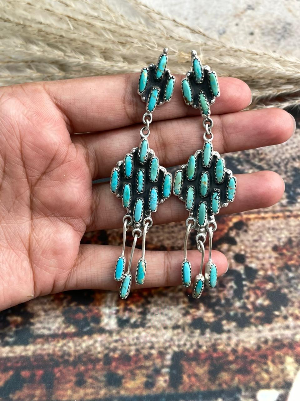 Handmade Sterling Silver Needle Collection: Kingman Turquoise Post Dangle Earrings "Signed Nizhoni"
