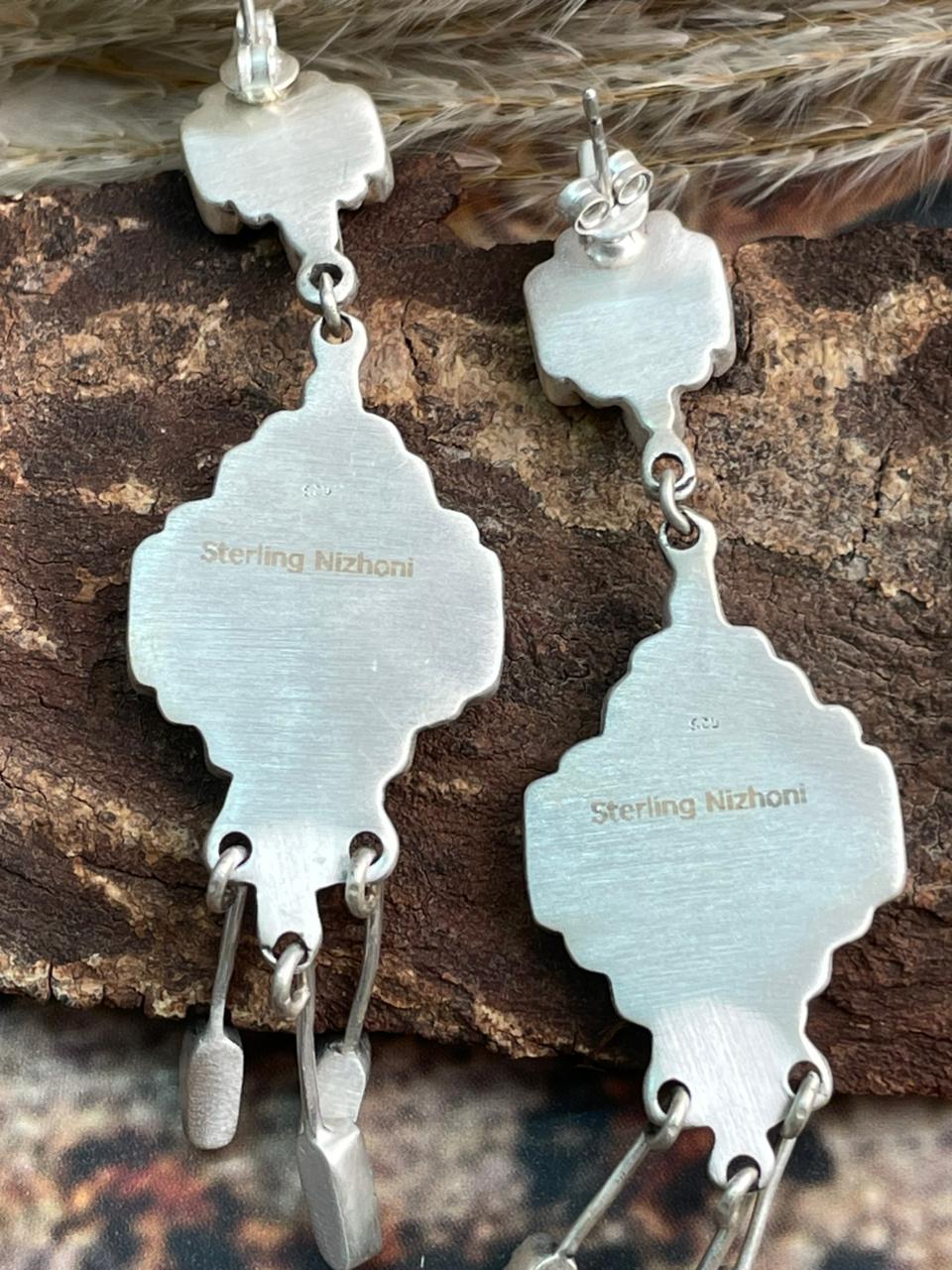 Handmade Sterling Silver Needle Collection: Kingman Turquoise Post Dangle Earrings "Signed Nizhoni"