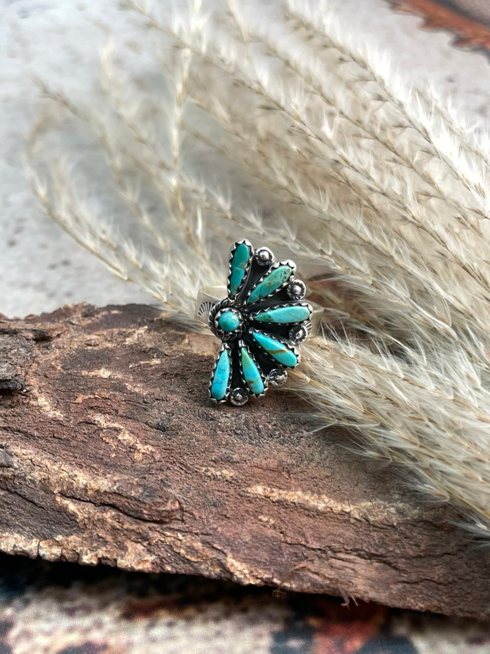 Handmade Sterling Silver Needle Collection: Kingman Turquoise Adjustable Ring "Signed Nizhoni"