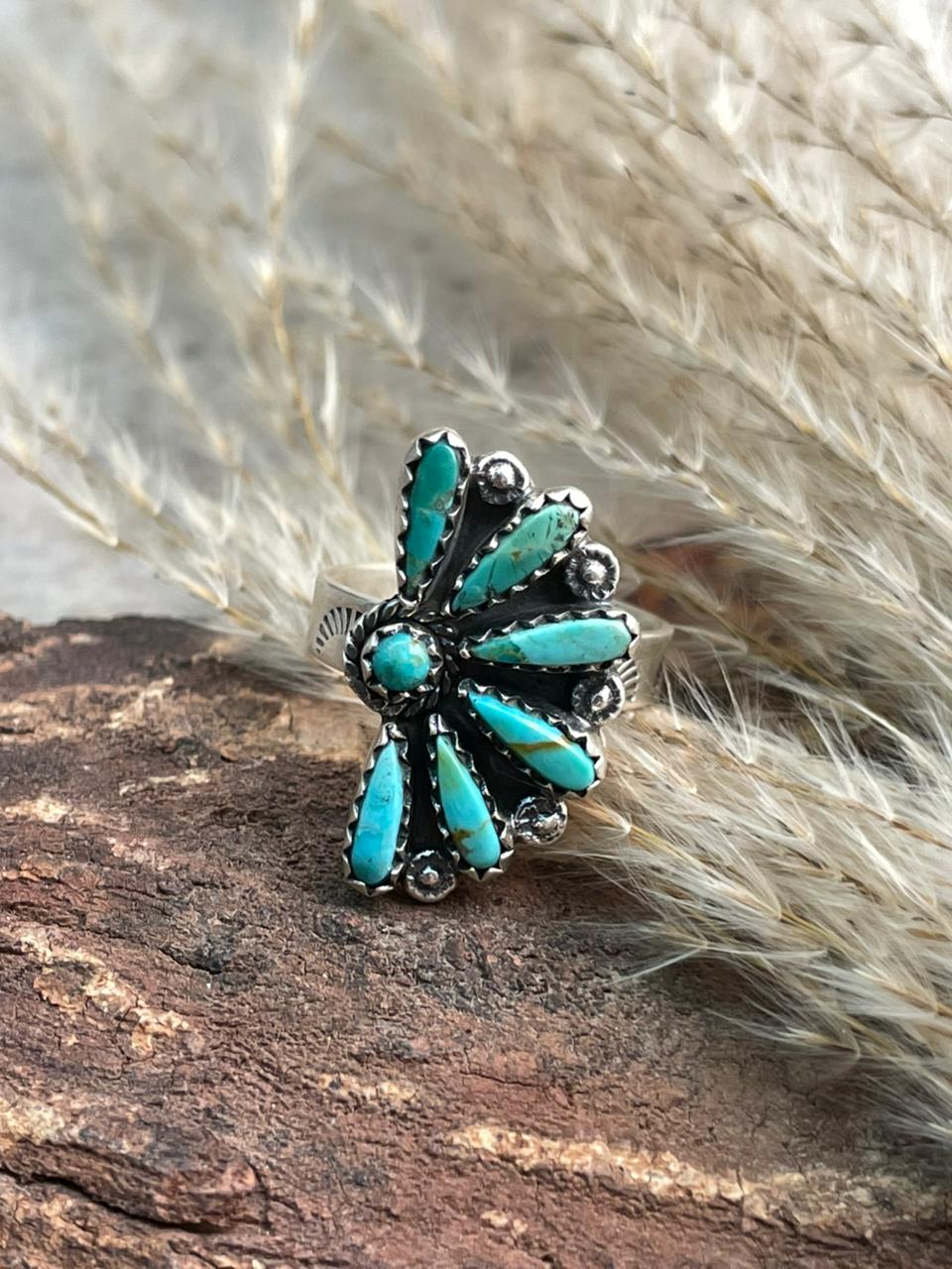Handmade Sterling Silver Needle Collection: Kingman Turquoise Adjustable Ring "Signed Nizhoni"