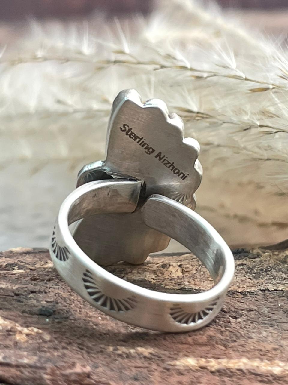 Handmade Sterling Silver Needle Collection: Kingman Turquoise Adjustable Ring "Signed Nizhoni"