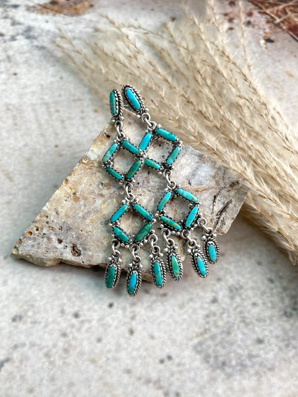 Handmade Sterling Silver Needle Collection: Kingman Turquoise Post Dangle Earrings "Signed Nizhoni"