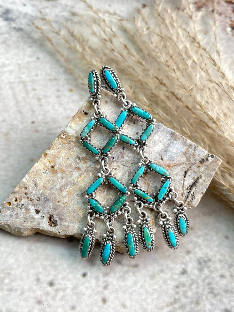Handmade Sterling Silver Needle Collection: Kingman Turquoise Post Dangle Earrings "Signed Nizhoni"