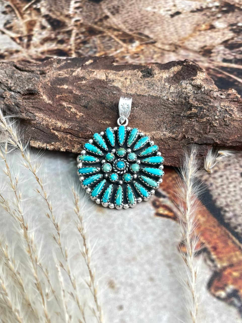 Handmade Sterling Silver Needle Collection: Kingman Turquoise Pendant "Signed Nizhoni"