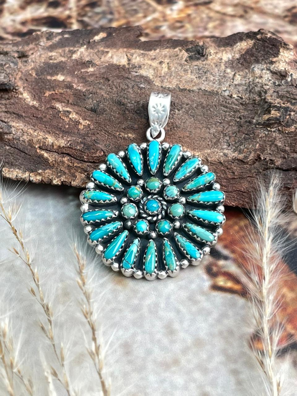 Handmade Sterling Silver Needle Collection: Kingman Turquoise Pendant "Signed Nizhoni"