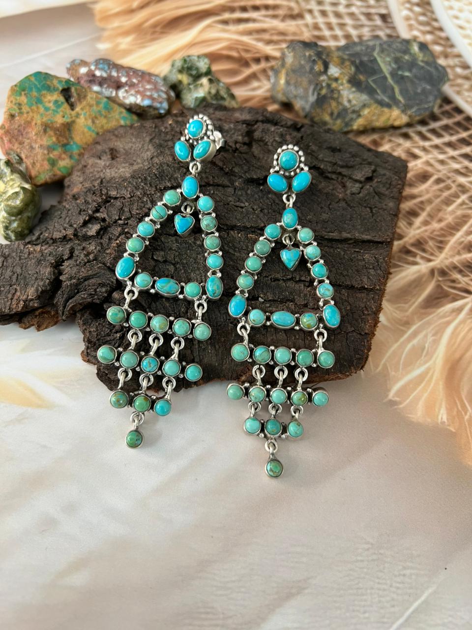 Handmade Sterling Silver Kingman Turquoise Post Dangle Earrings "Signed Nizhoni"