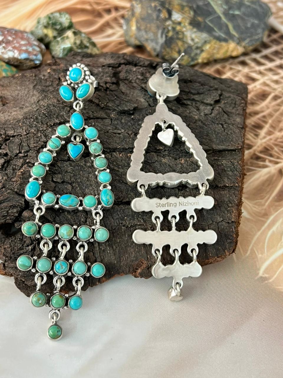 Handmade Sterling Silver Kingman Turquoise Post Dangle Earrings "Signed Nizhoni"