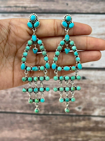 Handmade Sterling Silver Kingman Turquoise Post Dangle Earrings "Signed Nizhoni"