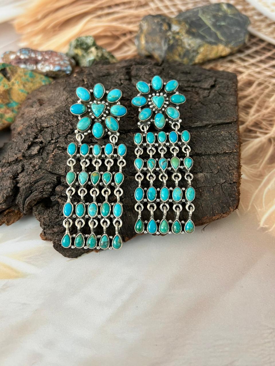 Handmade Sterling Silver Kingman Turquoise Post Dangle Heart Shape Earrings "Signed Nizhoni"