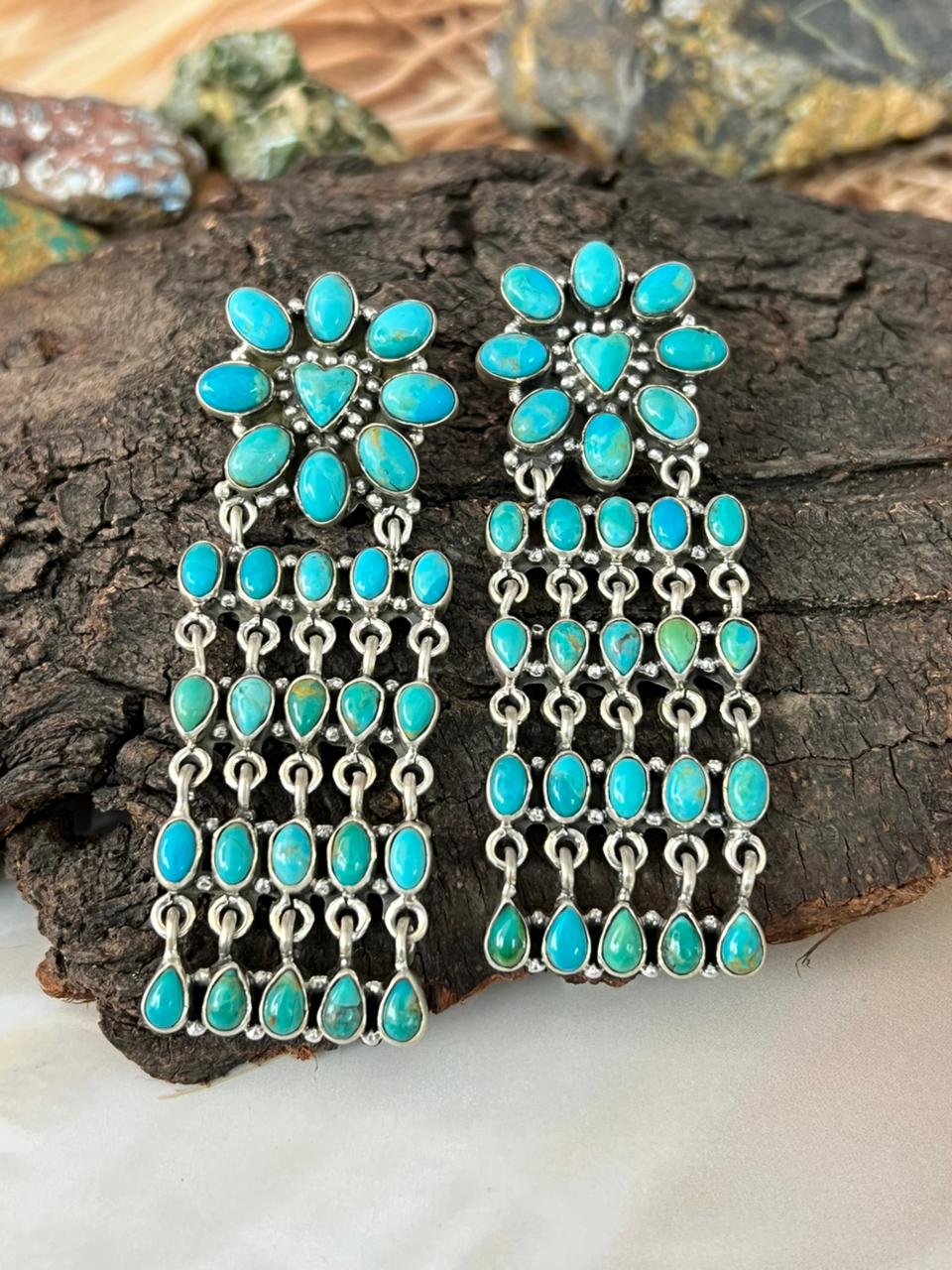 Handmade Sterling Silver Kingman Turquoise Post Dangle Heart Shape Earrings "Signed Nizhoni"