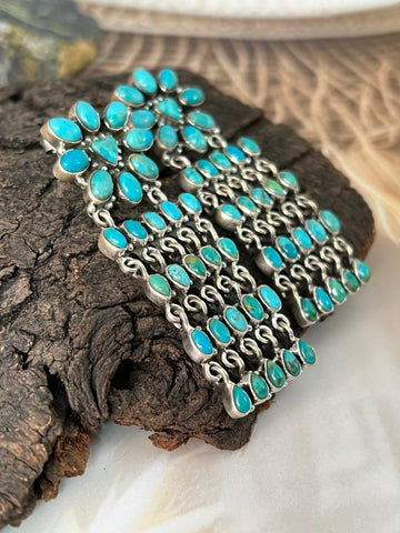 Handmade Sterling Silver Kingman Turquoise Post Dangle Heart Shape Earrings "Signed Nizhoni"