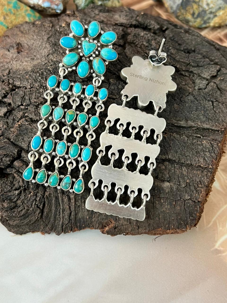 Handmade Sterling Silver Kingman Turquoise Post Dangle Heart Shape Earrings "Signed Nizhoni"