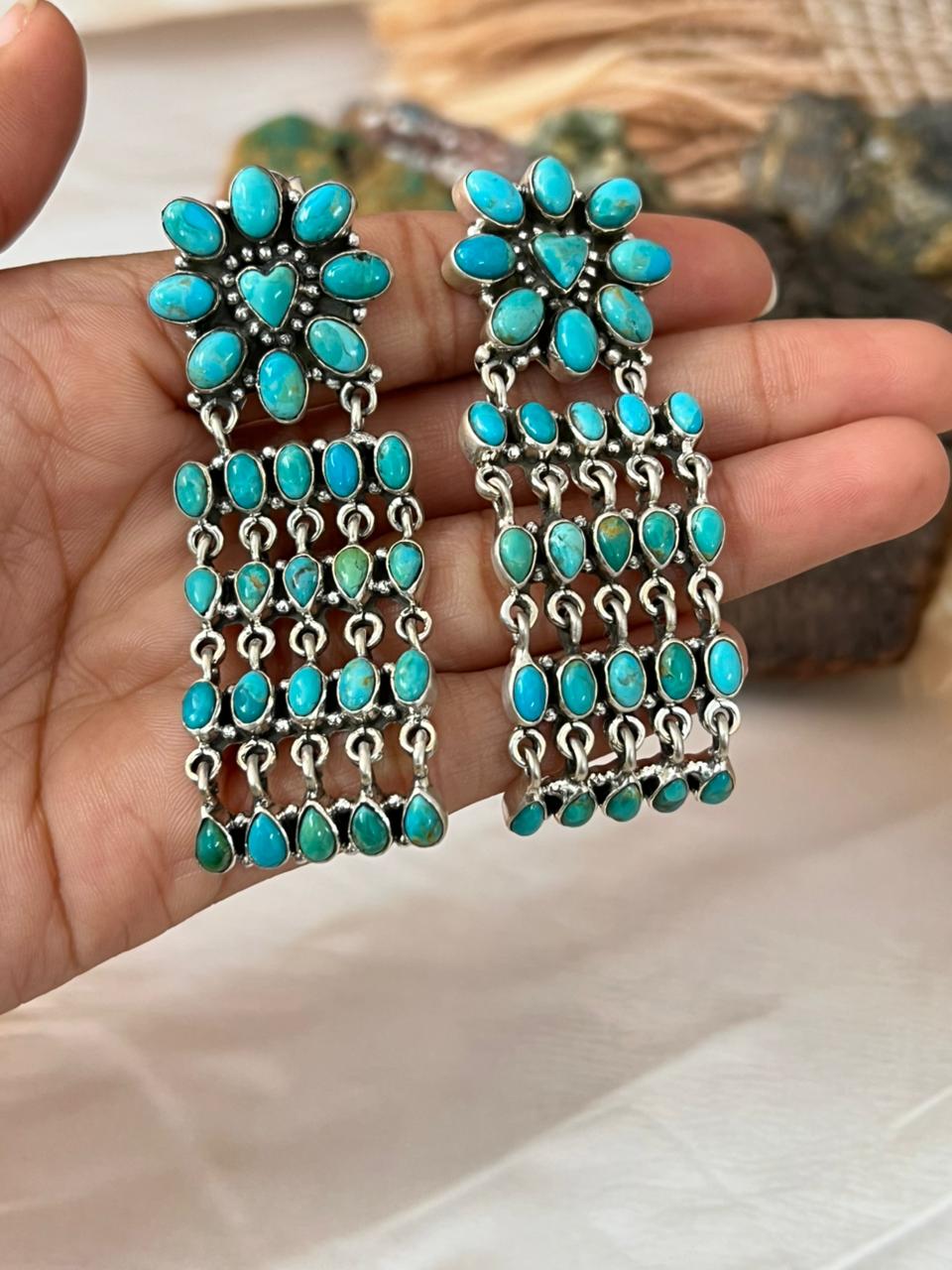 Handmade Sterling Silver Kingman Turquoise Post Dangle Heart Shape Earrings "Signed Nizhoni"