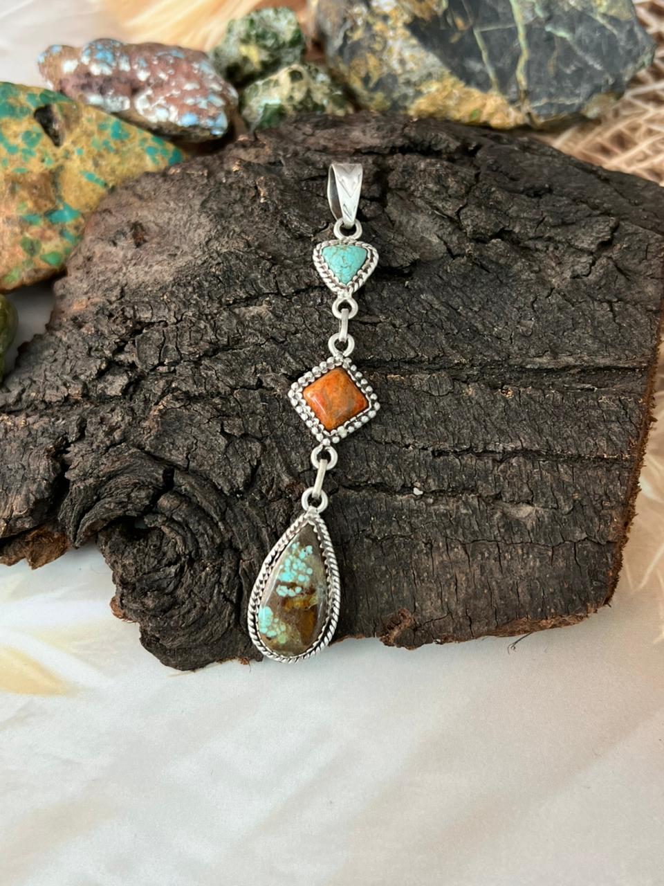 Handmade Sterling Silver Number 8 Turquoise with Orange Mojave Pendant "Signed Nizhoni"