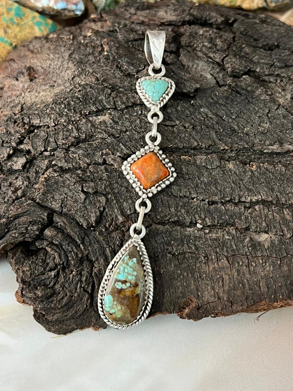 Handmade Sterling Silver Number 8 Turquoise with Orange Mojave Pendant "Signed Nizhoni"