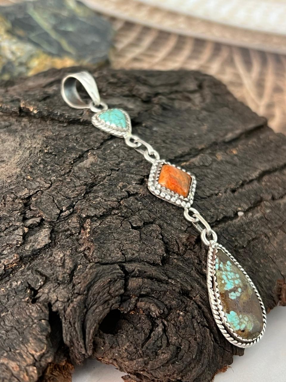 Handmade Sterling Silver Number 8 Turquoise with Orange Mojave Pendant "Signed Nizhoni"