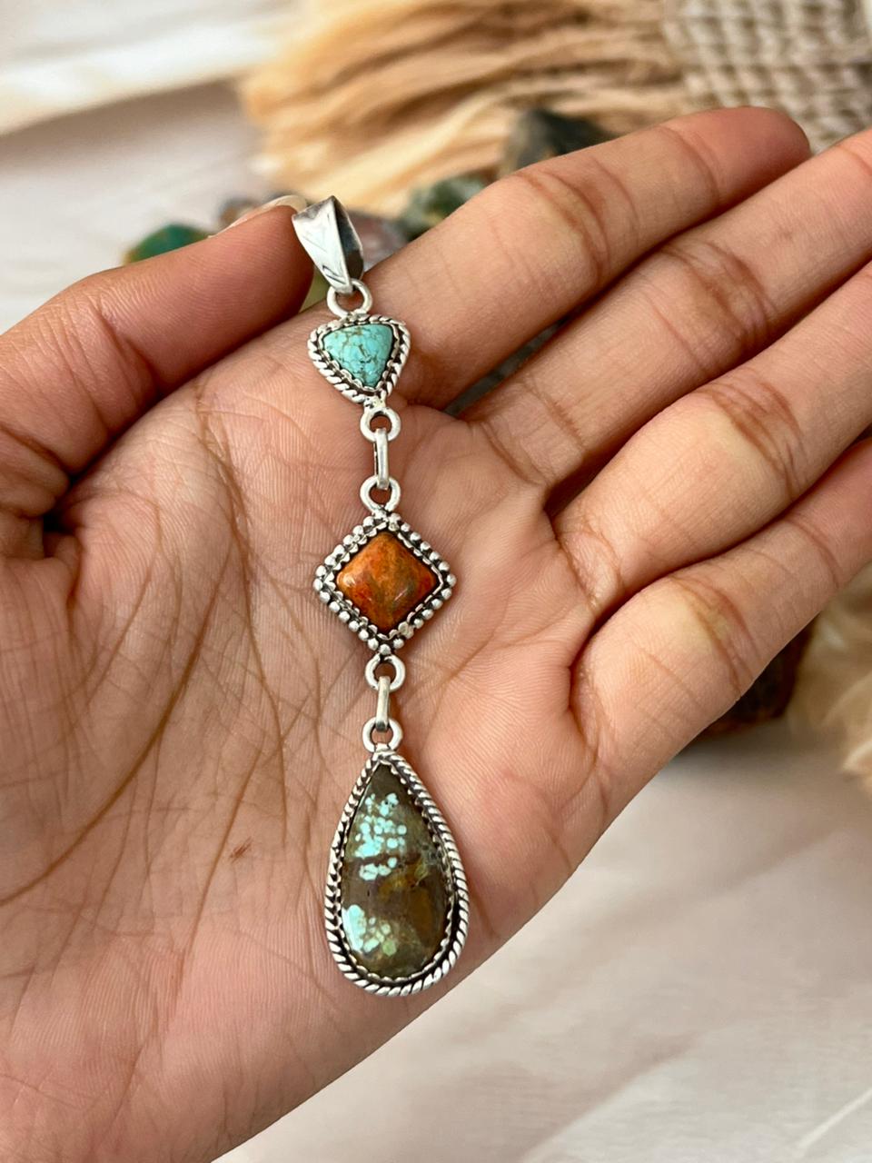 Handmade Sterling Silver Number 8 Turquoise with Orange Mojave Pendant "Signed Nizhoni"