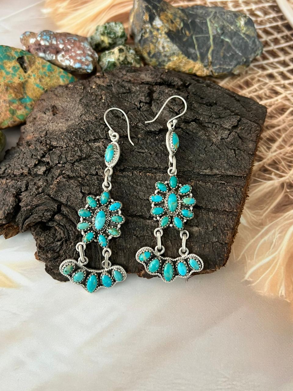 Handmade Sterling Silver Kingman Turquoise Hook Dangle Earrings "Signed Nizhoni"