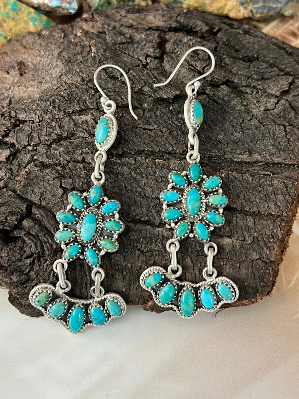 Handmade Sterling Silver Kingman Turquoise Hook Dangle Earrings "Signed Nizhoni"