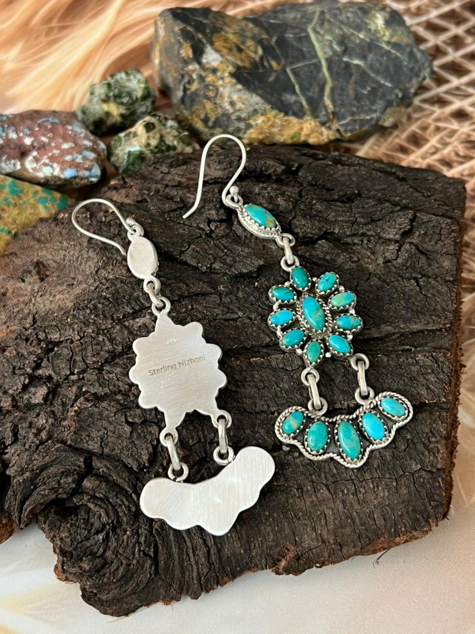 Handmade Sterling Silver Kingman Turquoise Hook Dangle Earrings "Signed Nizhoni"