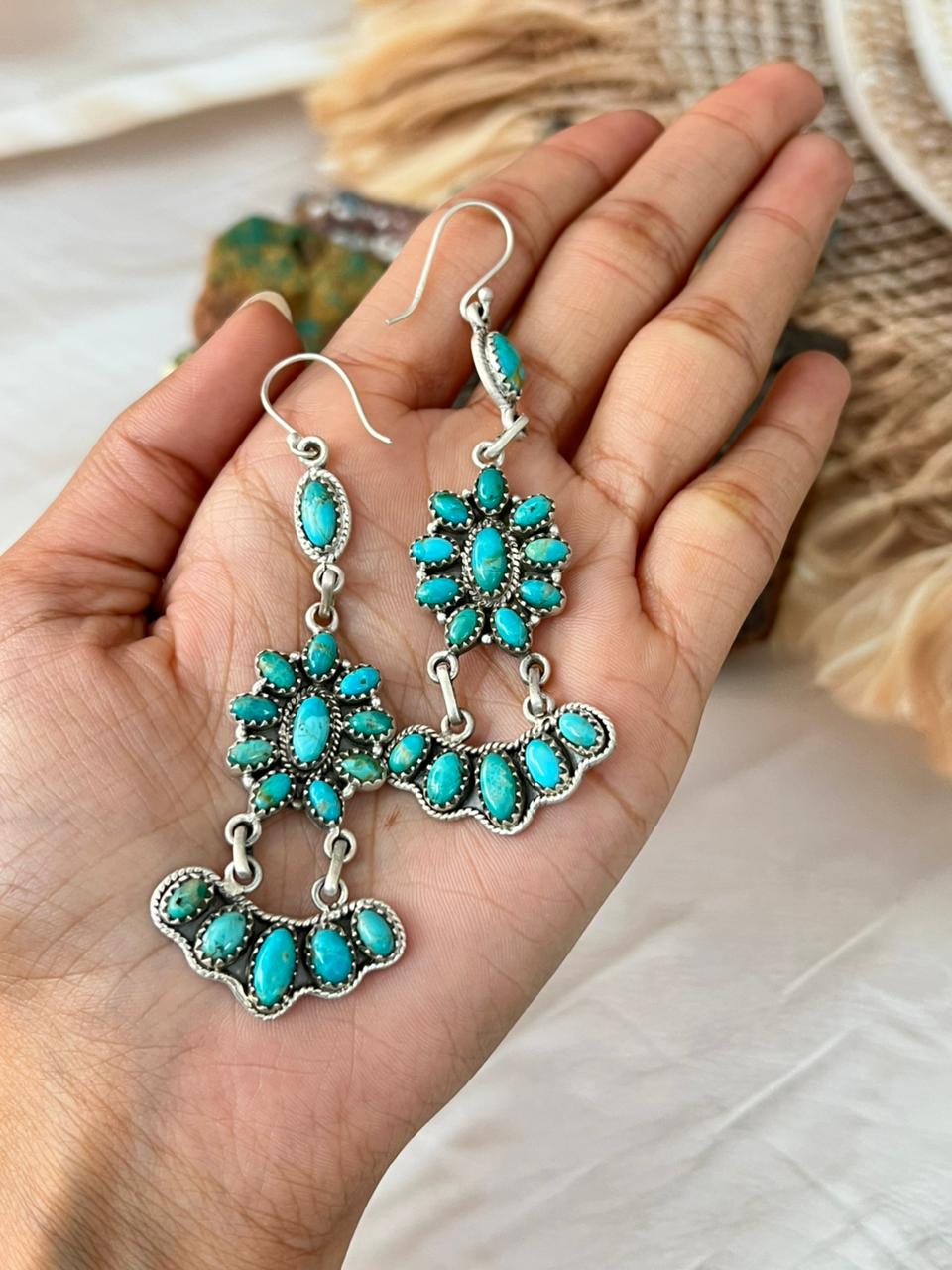 Handmade Sterling Silver Kingman Turquoise Hook Dangle Earrings "Signed Nizhoni"