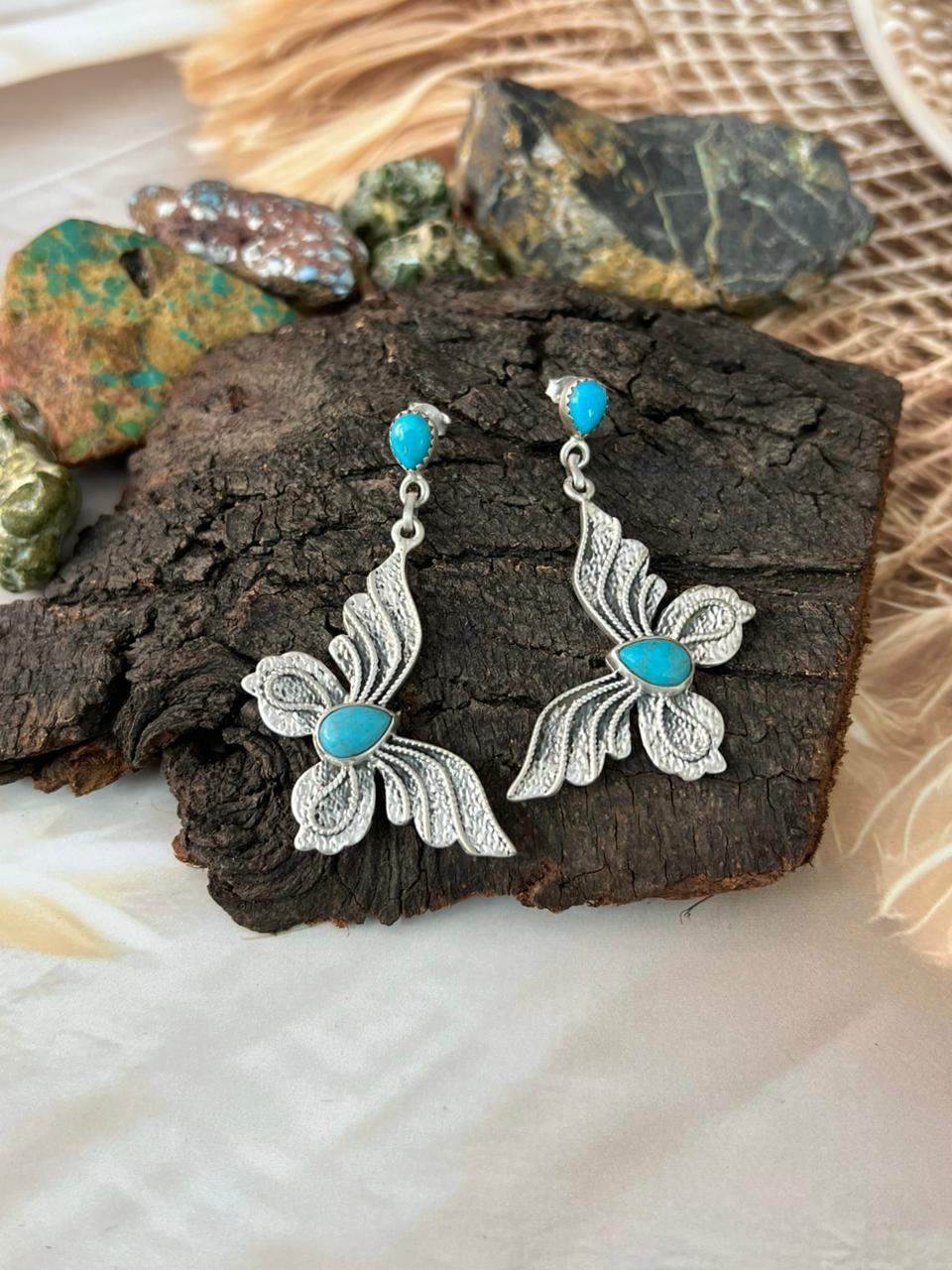 Handmade Sterling Silver Kingman Turquoise Post Dangle Butterfly Earrings "Signed Nizhoni"