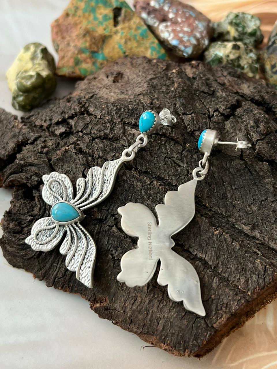 Handmade Sterling Silver Kingman Turquoise Post Dangle Butterfly Earrings "Signed Nizhoni"