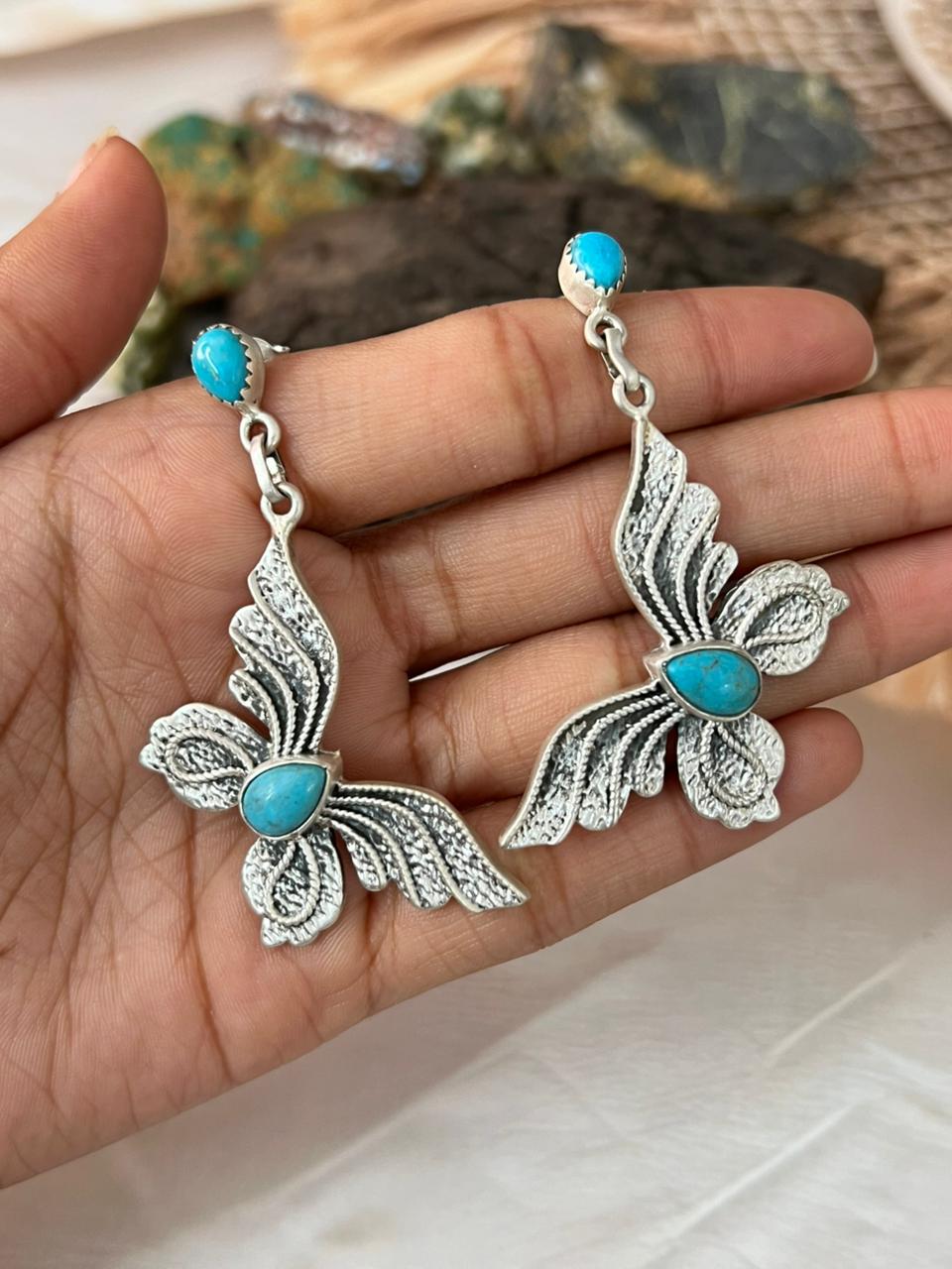 Handmade Sterling Silver Kingman Turquoise Post Dangle Butterfly Earrings "Signed Nizhoni"