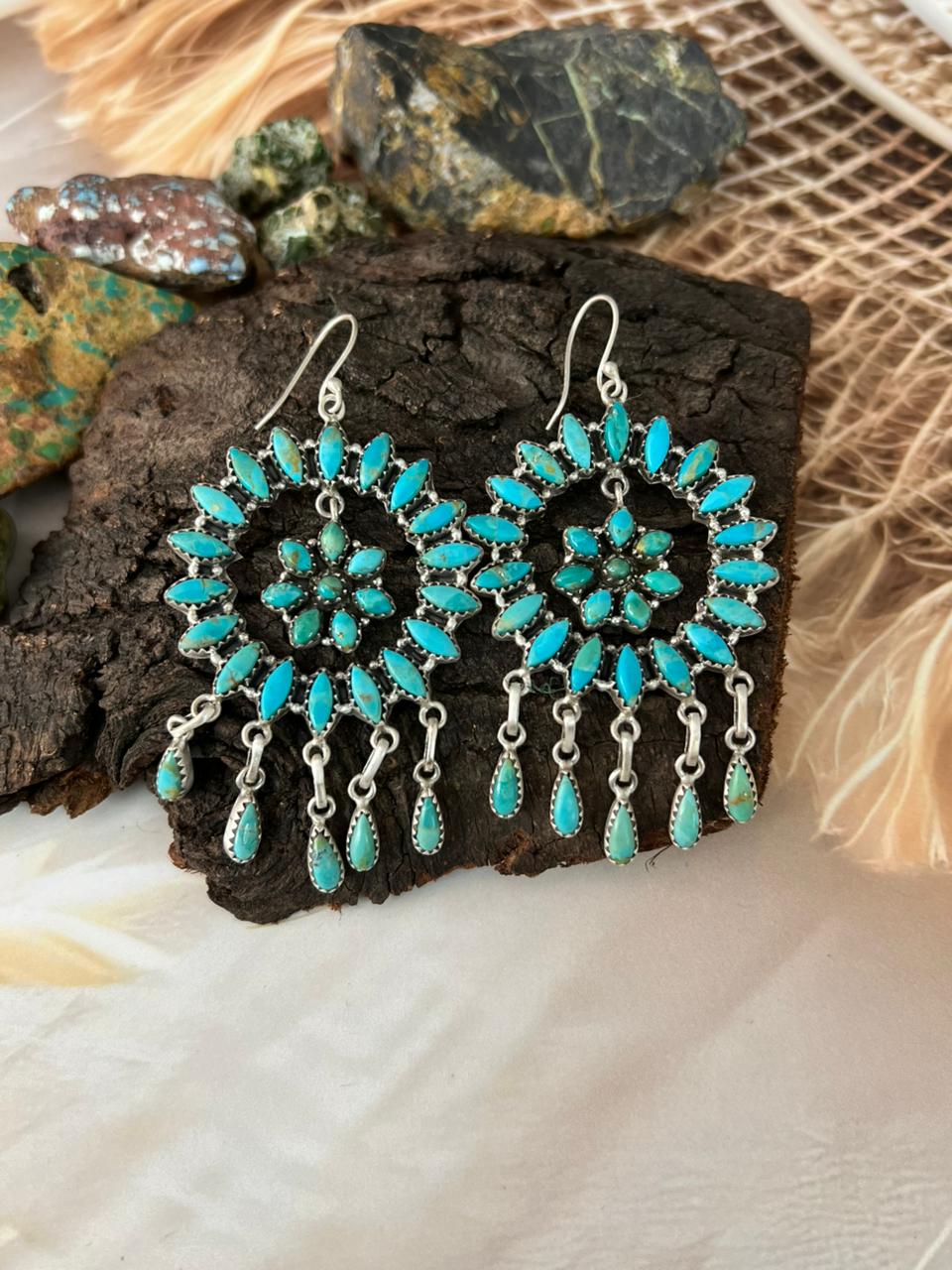 Handmade Sterling Silver Kingman Turquoise Hook Dangle Earrings "Signed Nizhoni"
